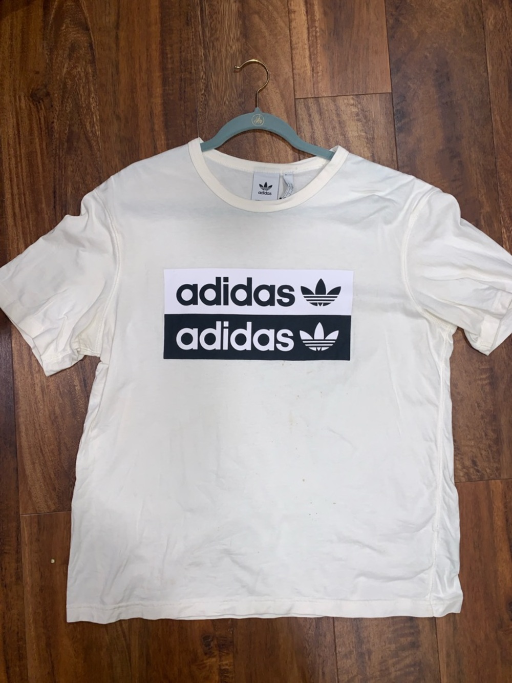 adidas White Short Sleeve Tee with Black Trefoil Panels With Defects size L